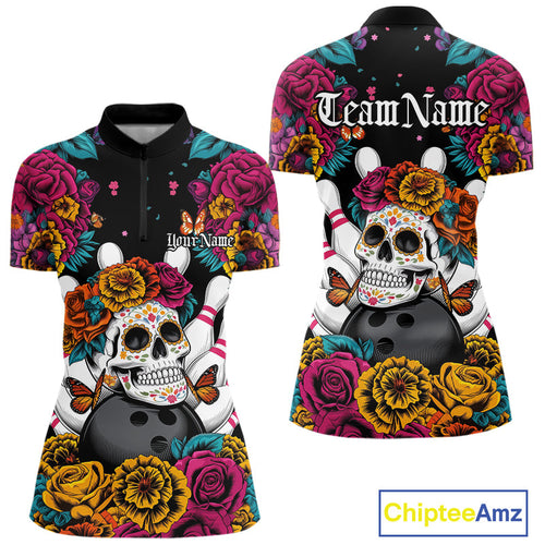 Custom Flower Sugar Skull Bowling Team Women Quarter-Zip Shirts, Halloween Bowler Outfit IPHW9749