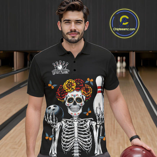Custom Sugar Skull Bowling Team Men Polo Shirts, Funny Halloween Bowling Outfit IPHW9752