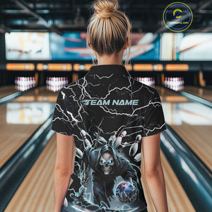 Custom Black And Blue Lightning Grim Reaper Bowling Women Polo Shirt, Halloween Outfit IPHW9801