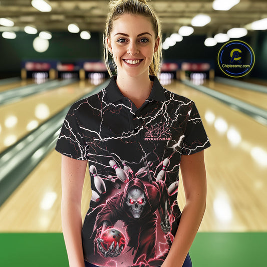 Custom Black And Red Lightning Grim Reaper Bowling Women Polo Shirt, Halloween Outfit IPHW9802