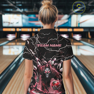 Custom Black And Red Lightning Grim Reaper Bowling Women Polo Shirt, Halloween Outfit IPHW9802