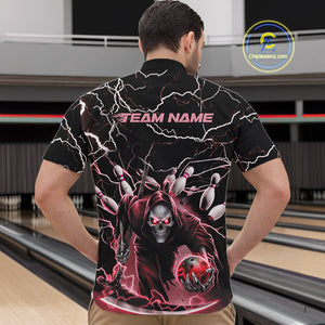 Custom Black And Red Lightning Grim Reaper Bowling Men Quarter-Zip Shirt, Halloween Outfit IPHW9802