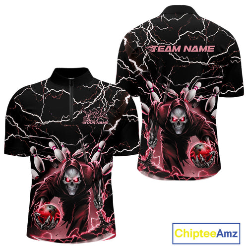Custom Black And Red Lightning Grim Reaper Bowling Men Quarter-Zip Shirt, Halloween Outfit IPHW9802