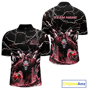 Custom Black And Red Lightning Grim Reaper Bowling Men Quarter-Zip Shirt, Halloween Outfit IPHW9802