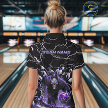 Load image into Gallery viewer, Custom Black And Purple Lightning Grim Reaper Bowling Women Polo Shirt, Halloween Outfit IPHW9803