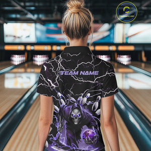 Custom Black And Purple Lightning Grim Reaper Bowling Women Polo Shirt, Halloween Outfit IPHW9803