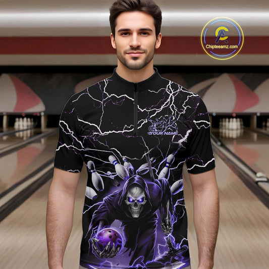 Custom Black And Purple Lightning Grim Reaper Bowling Men Quarter-Zip Shirt, Halloween Outfit IPHW9803