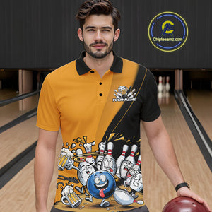 Custom Yellow Funny Bowling Men Polo Shirts, Bowling And Beer Party Bowlers Outfit IPHW9610