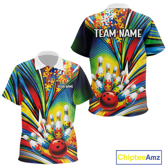 Kid polo shirt mockup front and back views featuring colorful autism-themed bowling strikes with vibrant puzzle-inspired artwork