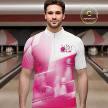 Load image into Gallery viewer, Male model front view at the bowling lane wearing a white and pink bowling quarter zip shirt with bowling ball and pins pattern.