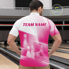 Load image into Gallery viewer, Front view of a male model in a bowling lane wearing a white and pink quarter zip shirt with bowling ball and pins geometric artwork.