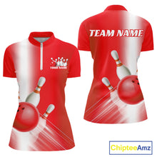 Load image into Gallery viewer, Front and back women’s bowling quarter zip mockup featuring bowling ball and pins artwork flowing through a red gradient pattern.