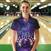 Load image into Gallery viewer, Custom Blue And Purple Buttefly Ladies Bowling Team Shirt, Women Bowler Outfits IPHW10918