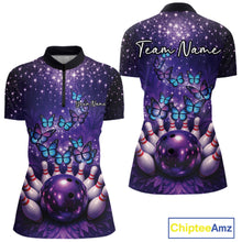 Load image into Gallery viewer, Custom Blue And Purple Buttefly Ladies Bowling Team Shirt, Women Bowler Outfits IPHW10918