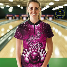 Load image into Gallery viewer, Custom Pink Buttefly Ladies Bowling Team Shirt, Women Bowling Quarter-Zip Shirt IPHW10919