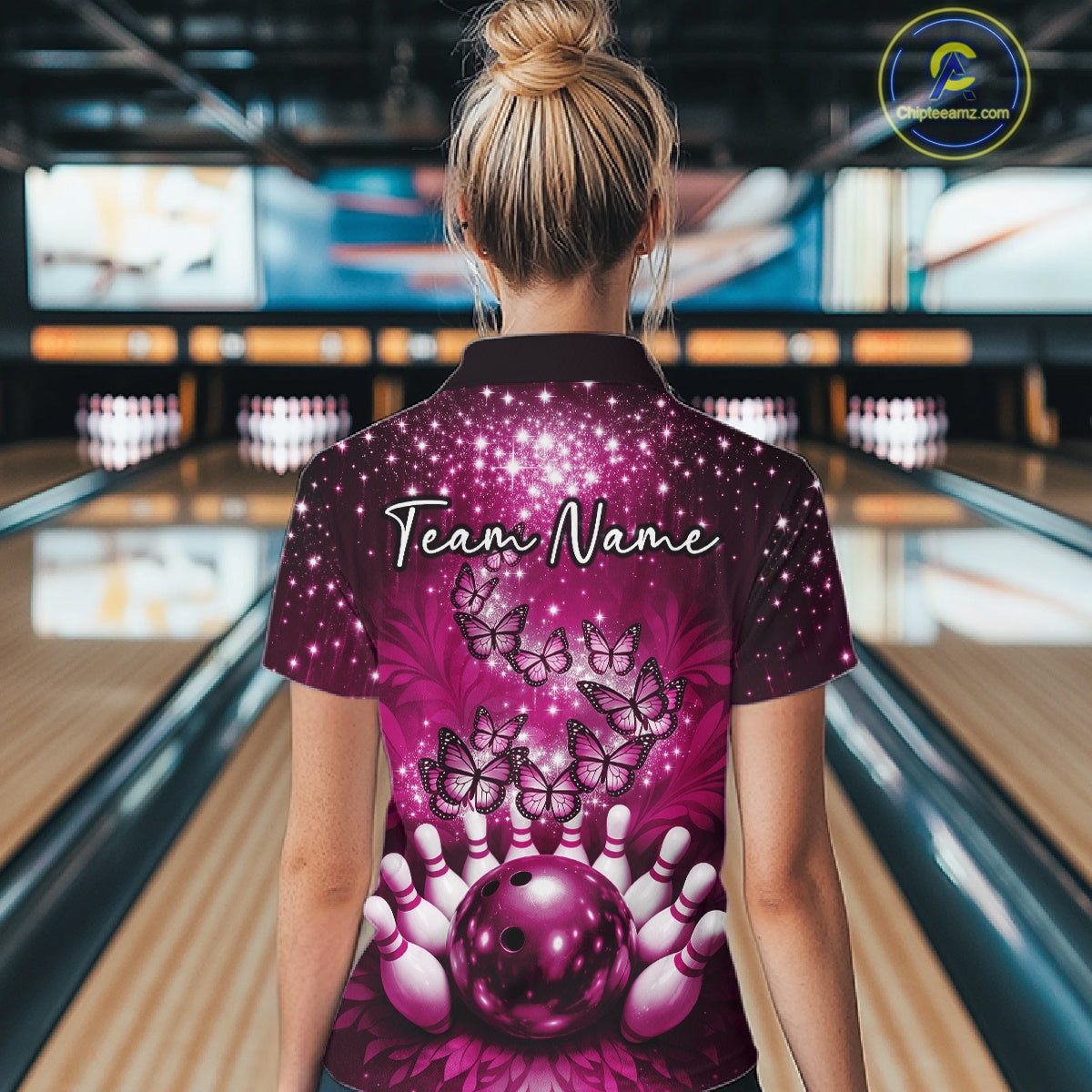 Custom Pink Buttefly Ladies Bowling Team Shirt, Women Bowling Quarter-Zip Shirt IPHW10919