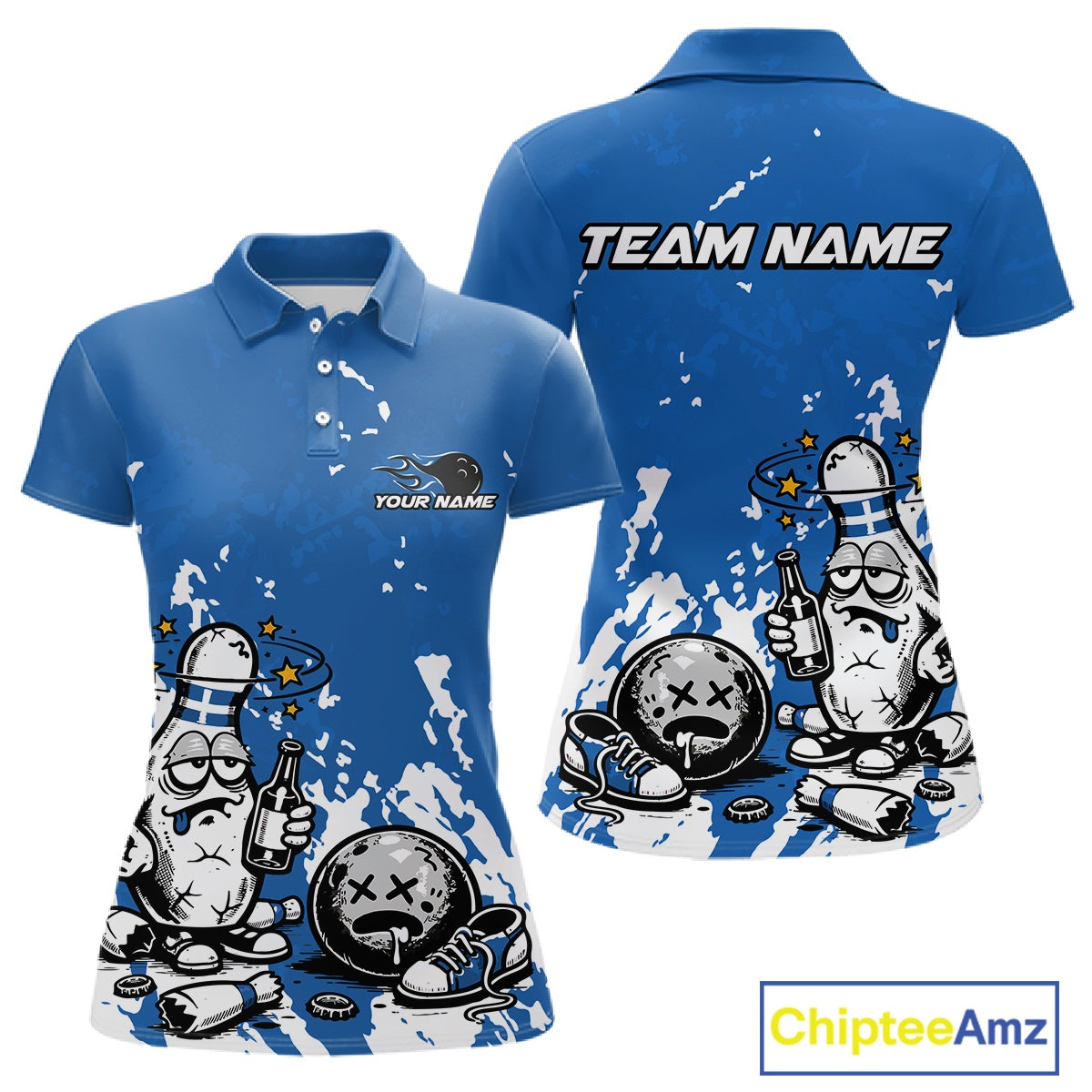 Front and back view of a women’s polo shirt mockup in blue and white, featuring splatter-style drunk bowling pin holding beer bottle and bowling ball design.