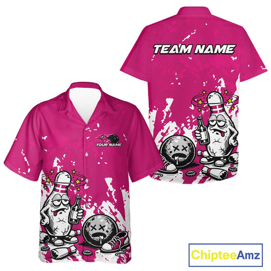Front and back view of a button-up bowling shirt mockup in pink and white, featuring splatter-style drunk bowling pin illustration with beer bottle and bowling ball.