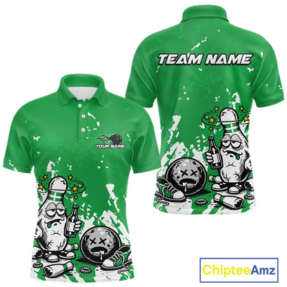 Front and back view of a men’s polo shirt mockup in green and white, featuring splatter-style drunk cartoon bowling pin holding beer bottle and bowling ball.