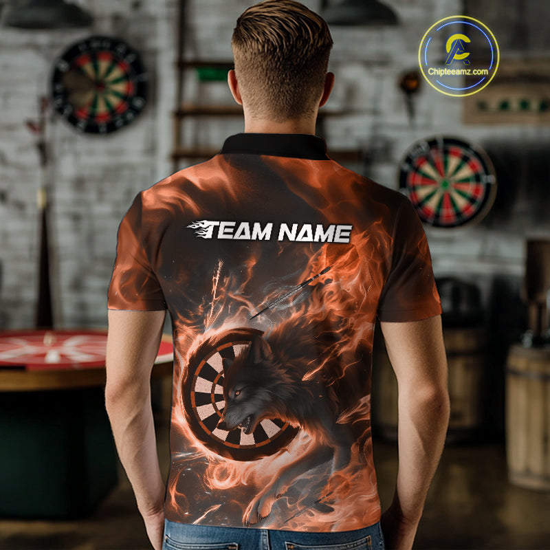 Custom Orange Fire Flame Dart Wolf Men Polo Shirts, Dart League Shirt Team Jerseys IPHW10006