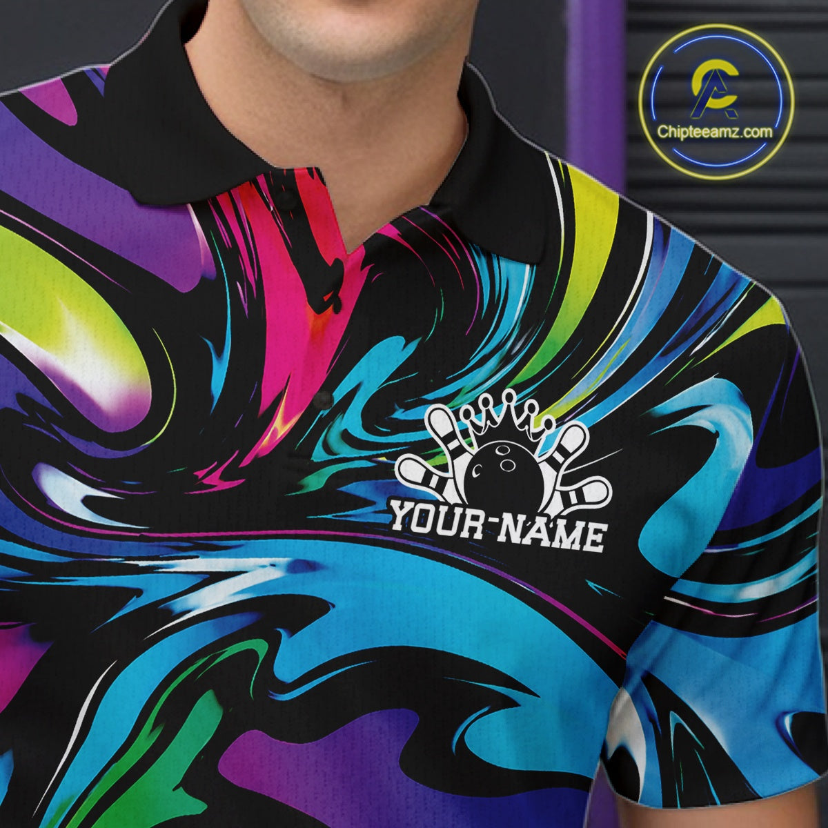 Colorful polo shirt with a logo and 'Your Name' text on a dark background
