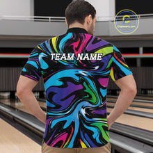 Load image into Gallery viewer, Man wearing a colorful shirt with 'TEAM NAME' text at a bowling alley.