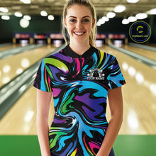 Load image into Gallery viewer, Person wearing a colorful bowling shirt with a design and text on a bowling alley background