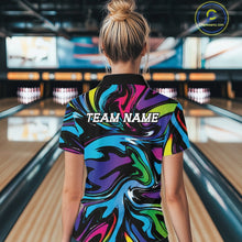 Load image into Gallery viewer, Person wearing a colorful bowling shirt with 'TEAM NAME' text in a bowling alley.
