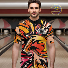Load image into Gallery viewer, Man wearing a colorful bowling shirt with a design and text on a bowling alley background