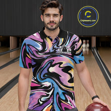 Load image into Gallery viewer, Man wearing a colorful bowling shirt with a personalized name on a bowling alley.