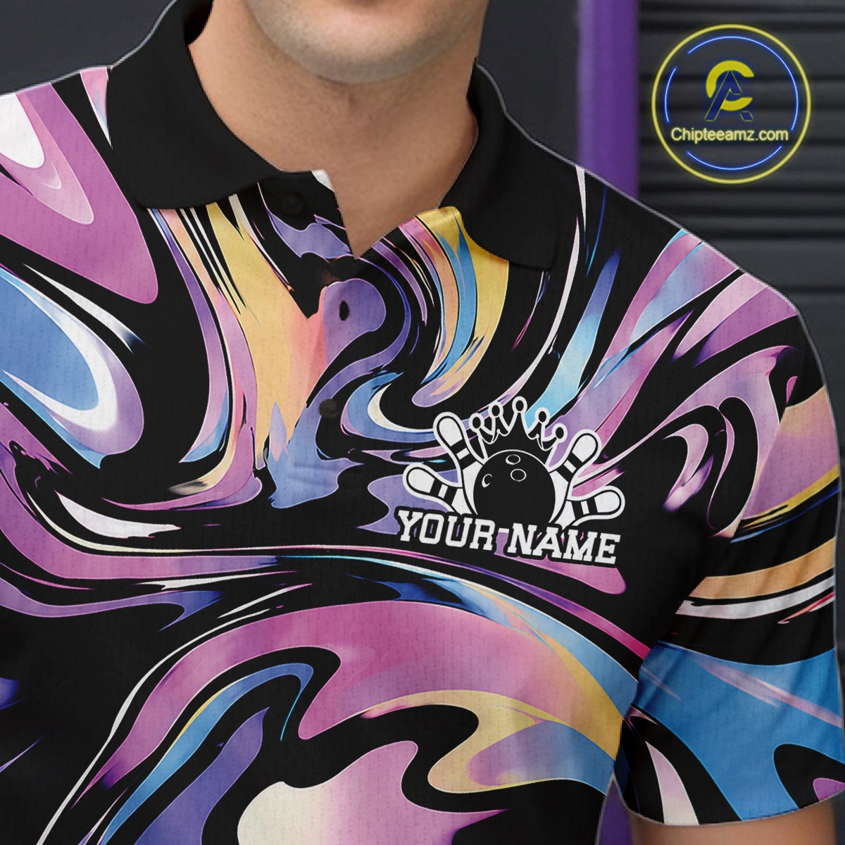 Colorful polo shirt with a logo and text on a dark background