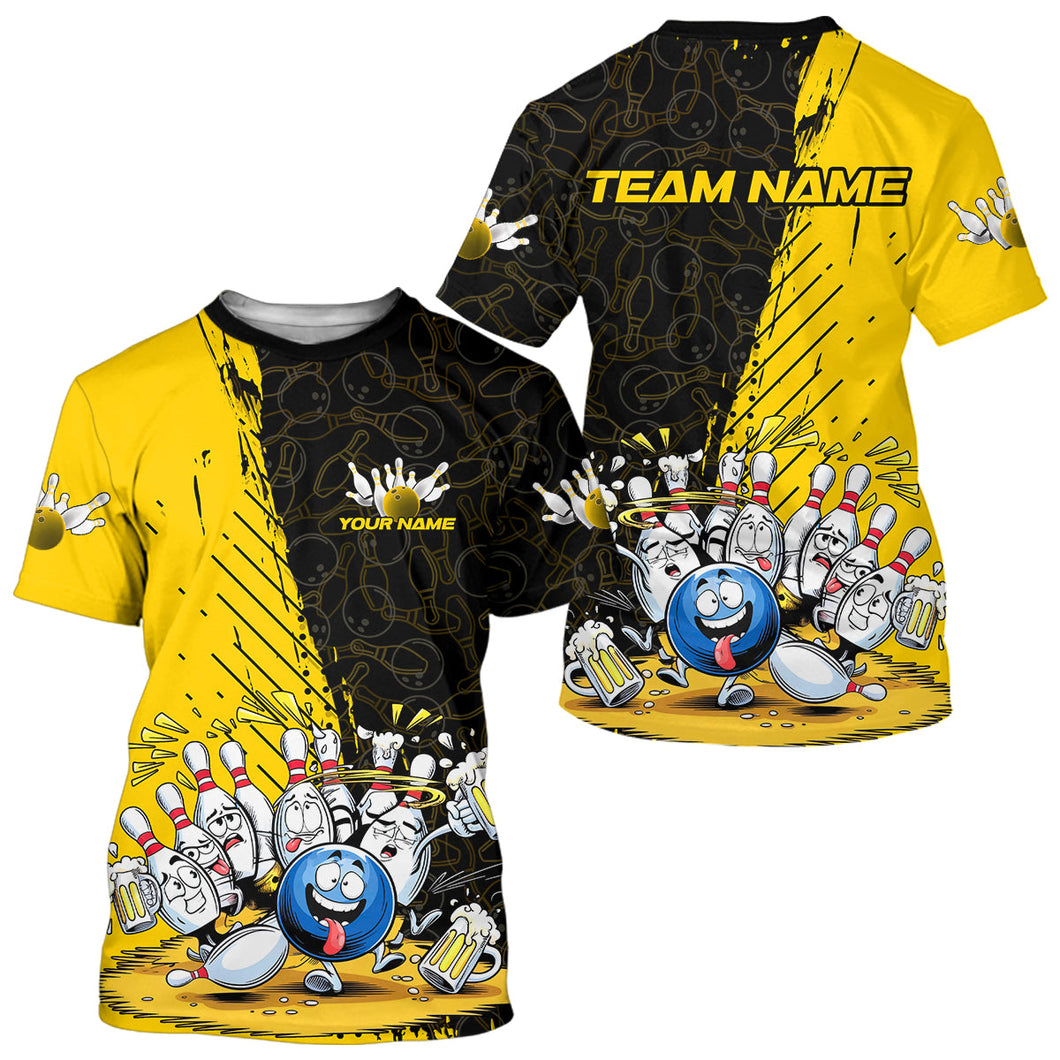 Custom Yellow Funny Bowling Men T-Shirts Shirts, Bowling And Beer Party Bowlers Outfit IPHW9828