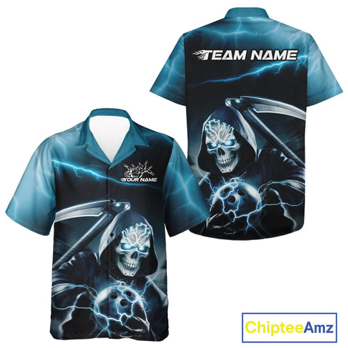 Custom Blue Lightning Grim Reaper Bowling Hawaiian Shirts For Men And Women, Halloween Bowling Jerseys IPHW9843