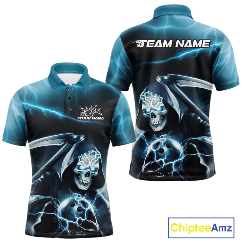 Custom Blue Lightning Grim Reaper Bowling Polo Shirts For Men, Halloween Bowling Jerseys IPHW9843