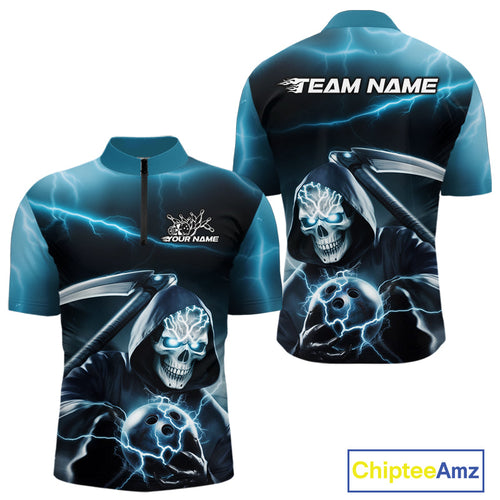 Custom Blue Lightning Grim Reaper Bowling Quarter-Zip Shirts For Men, Halloween Bowling Jerseys IPHW9843