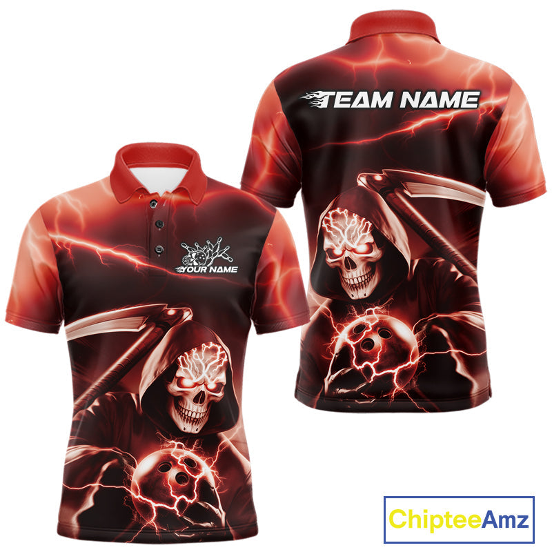 Custom Red Lightning Grim Reaper Bowling Polo Shirts For Men, Halloween Bowling Jerseys IPHW9845