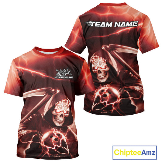 Custom Red Lightning Grim Reaper Bowling T-Shirts For Men, Halloween Bowling Jerseys IPHW9845