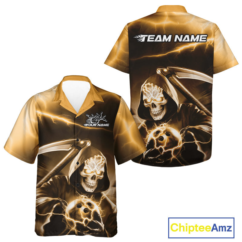 Custom Yellow Lightning Grim Reaper Bowling Hawaiian Shirts For Men And Women, Halloween Bowling Jerseys IPHW9846