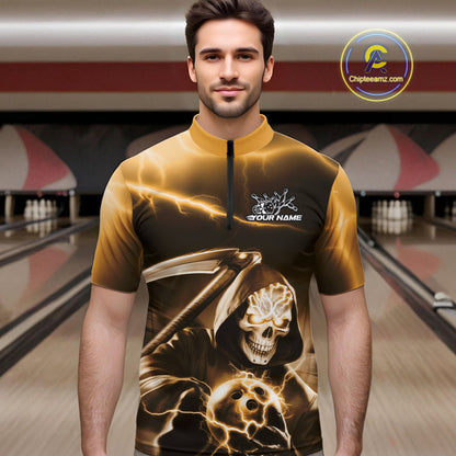 Custom Yellow Lightning Grim Reaper Bowling Quarter-Zip Shirts For Men, Halloween Bowling Jerseys IPHW9846