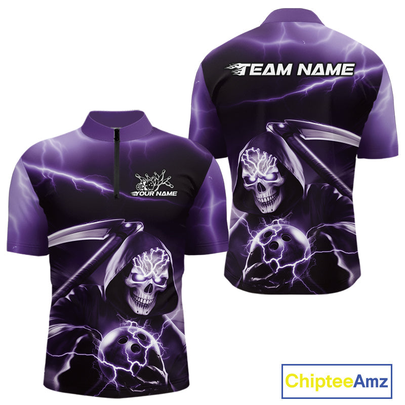 Custom Purple Lightning Grim Reaper Bowling Quarter-Zip Shirts For Men, Halloween Bowling Jerseys IPHW9847