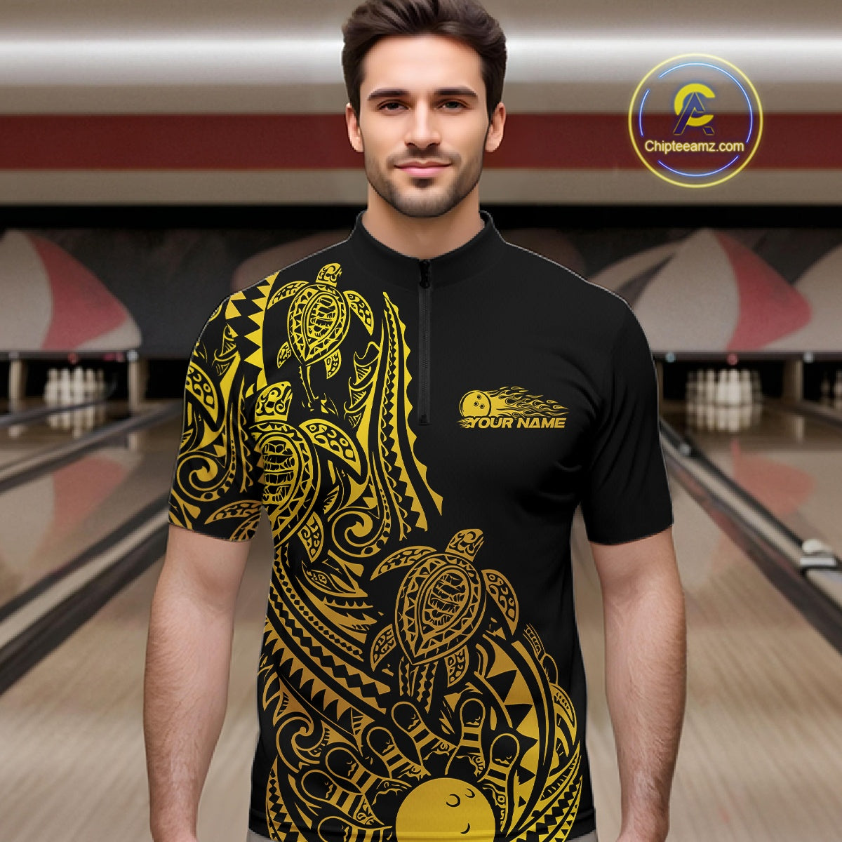 Male model wearing a black and gold bowling quarter-zip shirt at the lane with turtle Polynesian bowling graphics.