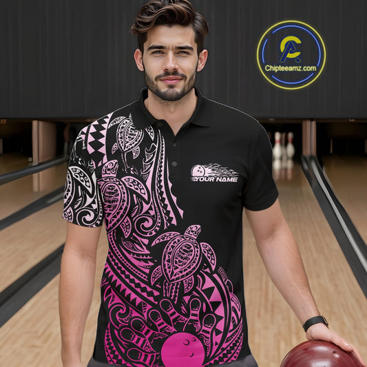 Male model wearing a black and pink bowling polo shirt at the bowling lane with tribal-inspired bowling artwork.
