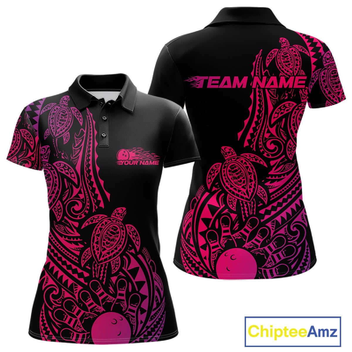 Front and back views of a black, pink, and purple womens bowling polo shirt featuring bowling ball and pin artwork surrounded by tribal swirls and turtle Polynesian patterns.
