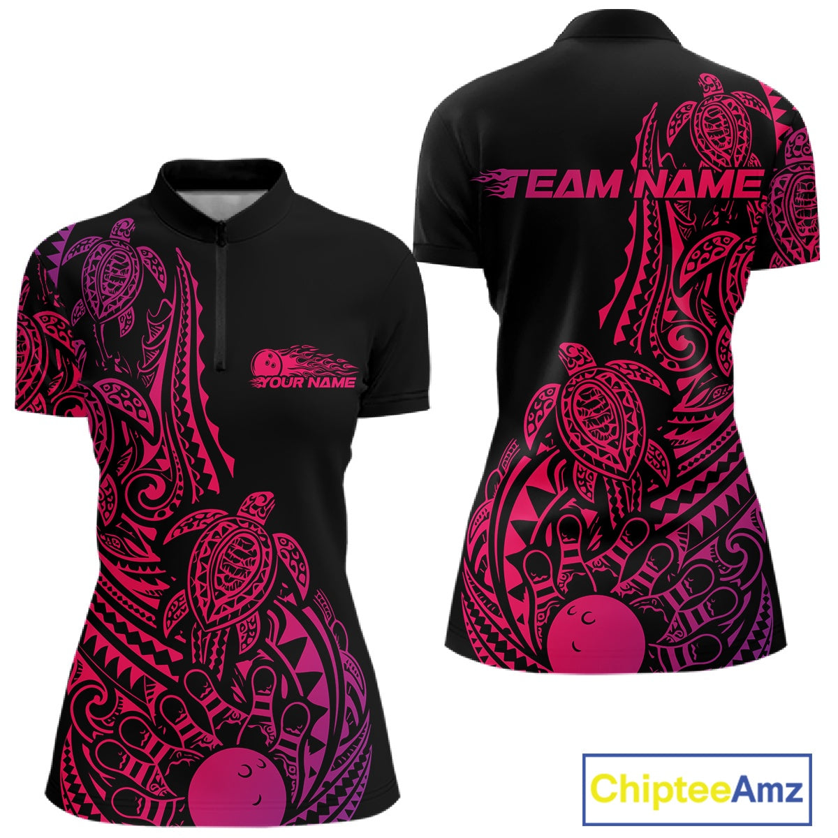 Front and back views of a black, pink, and purple womens bowling quarter-zip shirt featuring bowling ball and pins surrounded by tribal swirls and turtle Polynesian patterns.