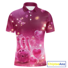 Load image into Gallery viewer, Custom Pink Valentine Bowling Couple Shirts, Pink Heart Theme Bowling Jerseys With His Name And Her Name IPHW10462