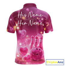 Load image into Gallery viewer, Custom Pink Valentine Bowling Couple Shirts, Pink Heart Theme Bowling Jerseys With His Name And Her Name IPHW10462