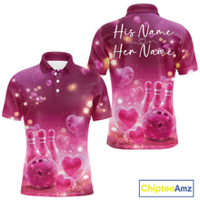 Load image into Gallery viewer, Custom Pink Valentine Bowling Couple Shirts, Pink Heart Theme Bowling Jerseys With His Name And Her Name IPHW10462