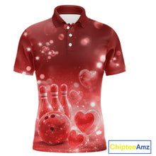 Load image into Gallery viewer, Custom Red Valentine Bowling Couple Shirts, Red Heart Theme Bowling Jerseys With His Name And Her Name IPHW10463