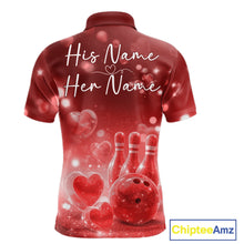 Load image into Gallery viewer, Custom Red Valentine Bowling Couple Shirts, Red Heart Theme Bowling Jerseys With His Name And Her Name IPHW10463