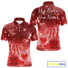 Load image into Gallery viewer, Custom Red Valentine Bowling Couple Shirts, Red Heart Theme Bowling Jerseys With His Name And Her Name IPHW10463